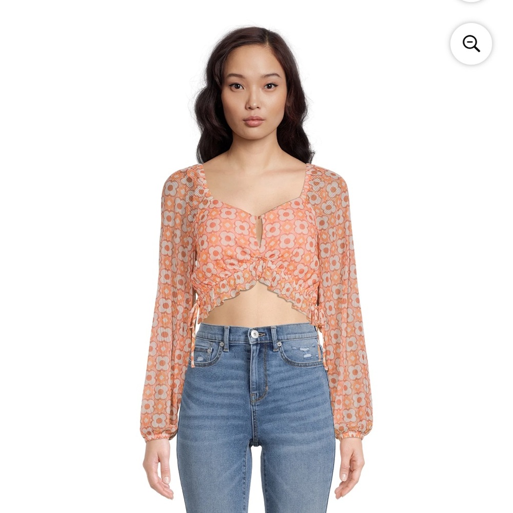 MADDEN NYC Orange Long Sleeve Crop Blouse with Tie Front